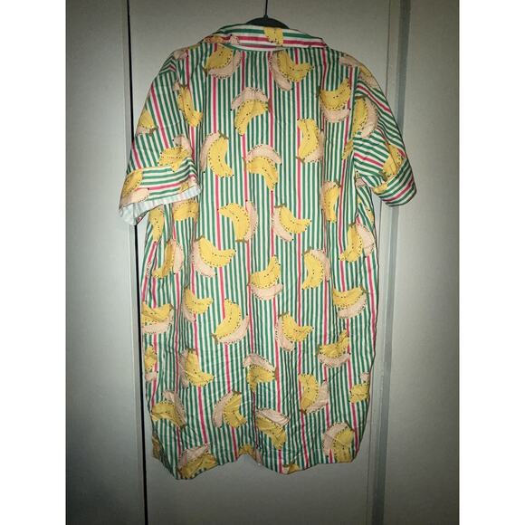 World Market long green stripe satin bananas nightshirt button up womens S/M pjs - Picture 3 of 6